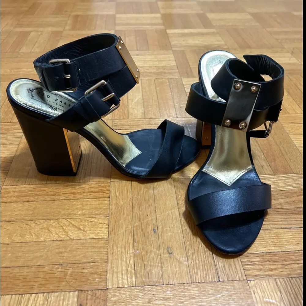 Vintage ted baker leather heels with gold and buckle detailing.
